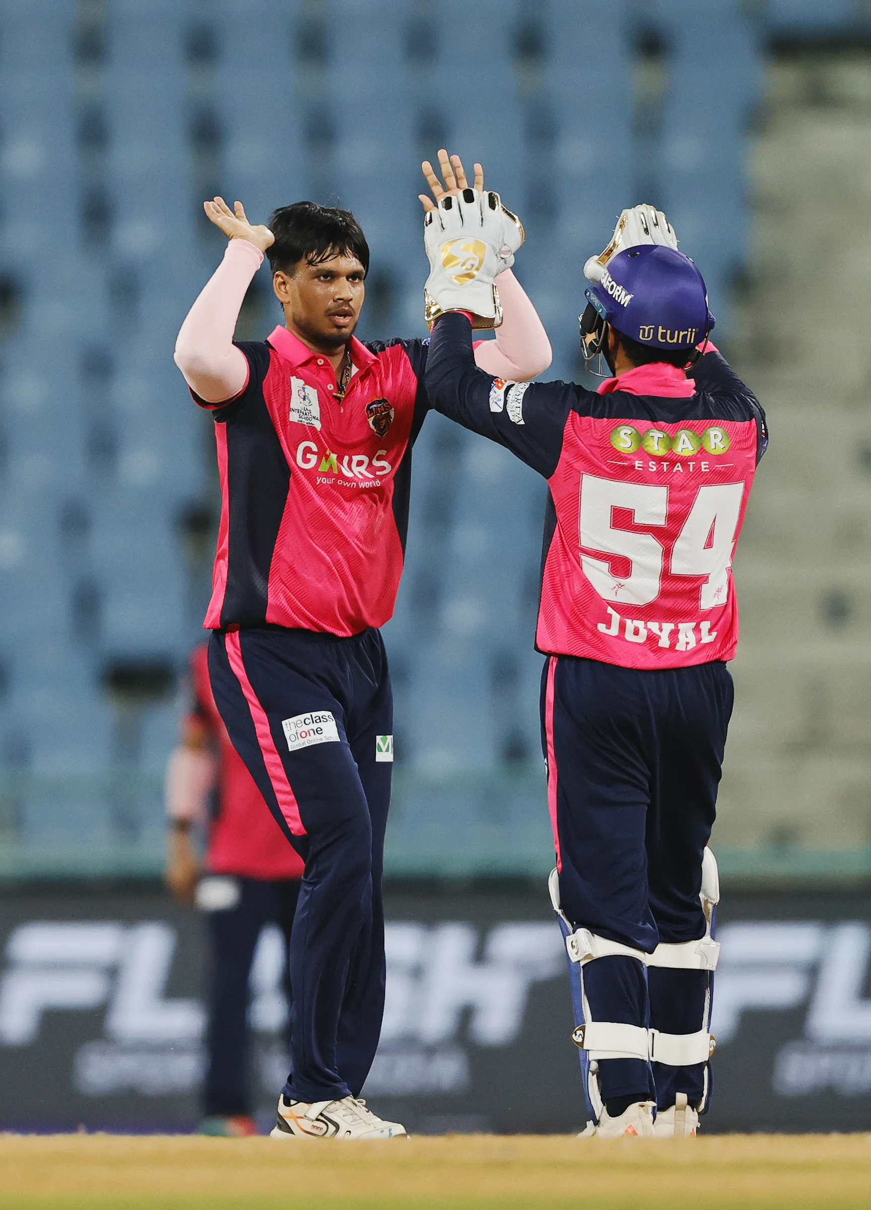 Nishant Thakur of Gaur Gorakhpur Lions celebrating the wicket of Rituraj Sharma of Meerut Mavericks during the UPT20 League Season 4 night clash on 16 August 2026 at Bharat Ratna Shri Atal Bihari Vajpayee Ekana Cricket Stadium, Lucknow, Uttar Pradesh, India, Gaur Gorakhpur Lions take on defending champions Meerut Mavericks in Match 5 under lights as Purvanchal’s pride meets Meerut’s grit in a high‑intensity T20 battle.Photos by: s Saikat Das / aceimages.in for UPT20