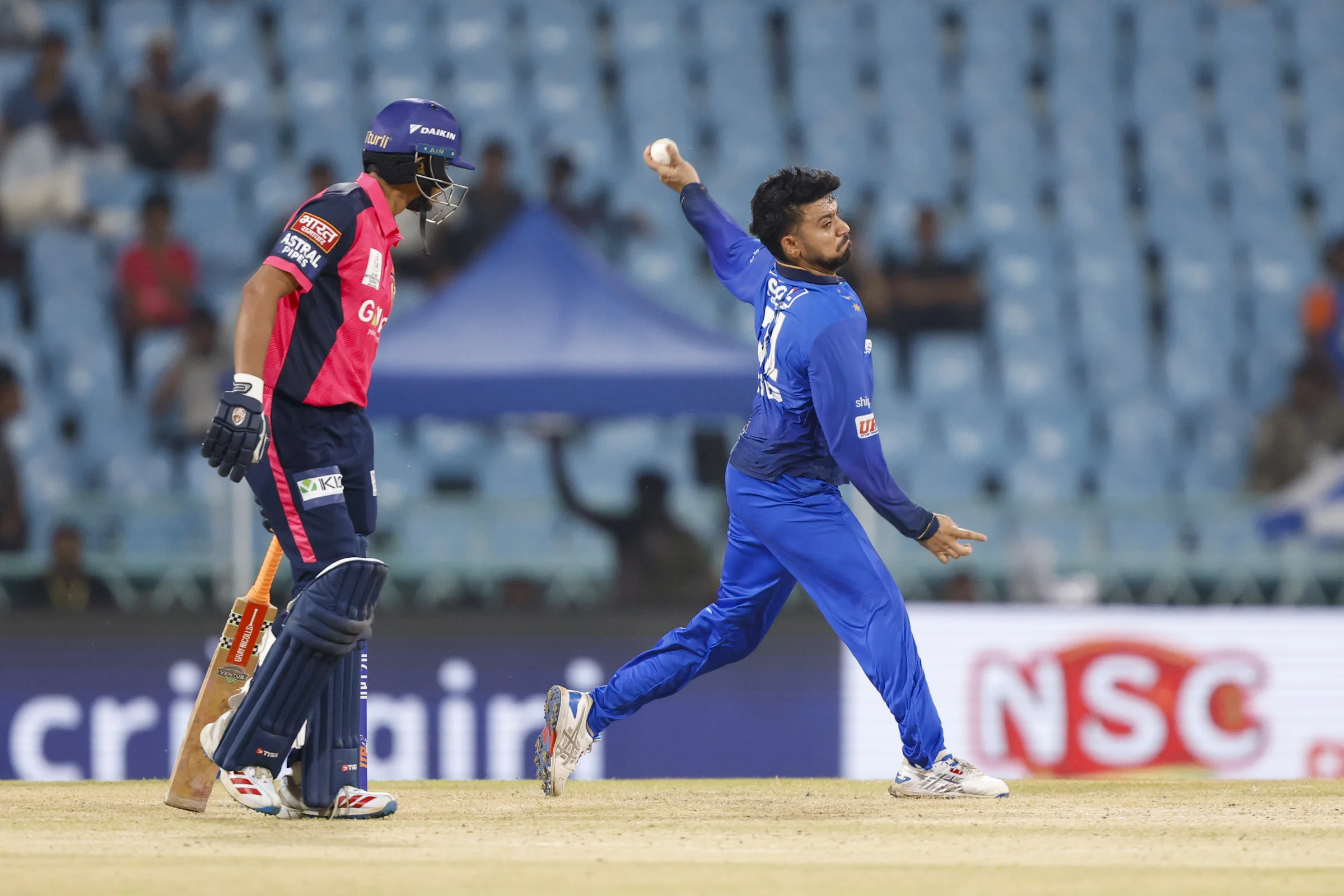 Yash Garg of Meerut Mavericks dliver ball during the UPT20 League Season 4 night clash on 16 August 2026 at Bharat Ratna Shri Atal Bihari Vajpayee Ekana Cricket Stadium, Lucknow, Uttar Pradesh, India, Gaur Gorakhpur Lions take on defending champions Meerut Mavericks in Match 5 under lights as Purvanchal’s pride meets Meerut’s grit in a high‑intensity T20 battle.Photos by:Arjun Singh / aceimages.in for UPT20