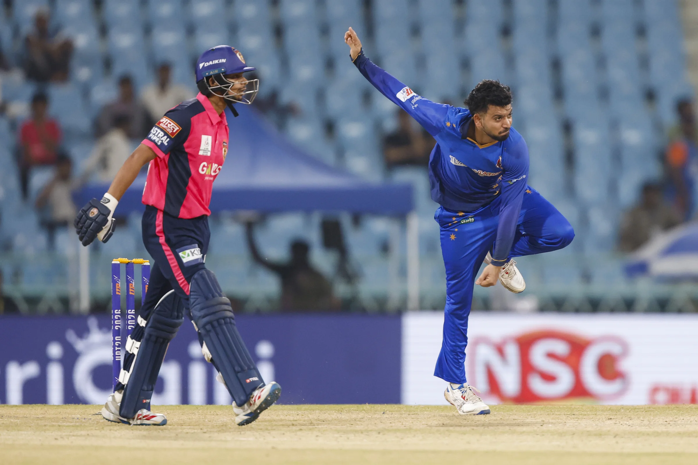 Yash Garg of Meerut Mavericks dliver ball during the UPT20 League Season 4 night clash on 16 August 2026 at Bharat Ratna Shri Atal Bihari Vajpayee Ekana Cricket Stadium, Lucknow, Uttar Pradesh, India, Gaur Gorakhpur Lions take on defending champions Meerut Mavericks in Match 5 under lights as Purvanchal’s pride meets Meerut’s grit in a high‑intensity T20 battle.Photos by:Arjun Singh / aceimages.in for UPT20