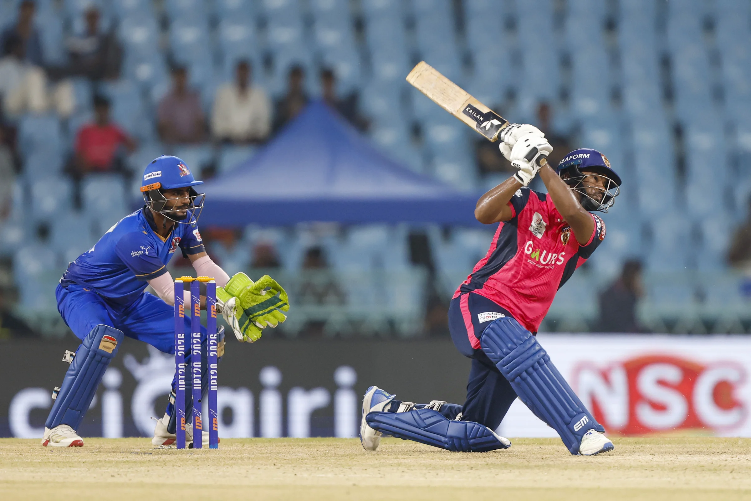 Siddharth Yadav play a shot play a shot during the UPT20 League Season 4 night clash on 16 August 2026 at Bharat Ratna Shri Atal Bihari Vajpayee Ekana Cricket Stadium, Lucknow, Uttar Pradesh, India, Gaur Gorakhpur Lions take on defending champions Meerut Mavericks in Match 5 under lights as Purvanchal’s pride meets Meerut’s grit in a high‑intensity T20 battle.Photos by:Arjun Singh / aceimages.in for UPT20