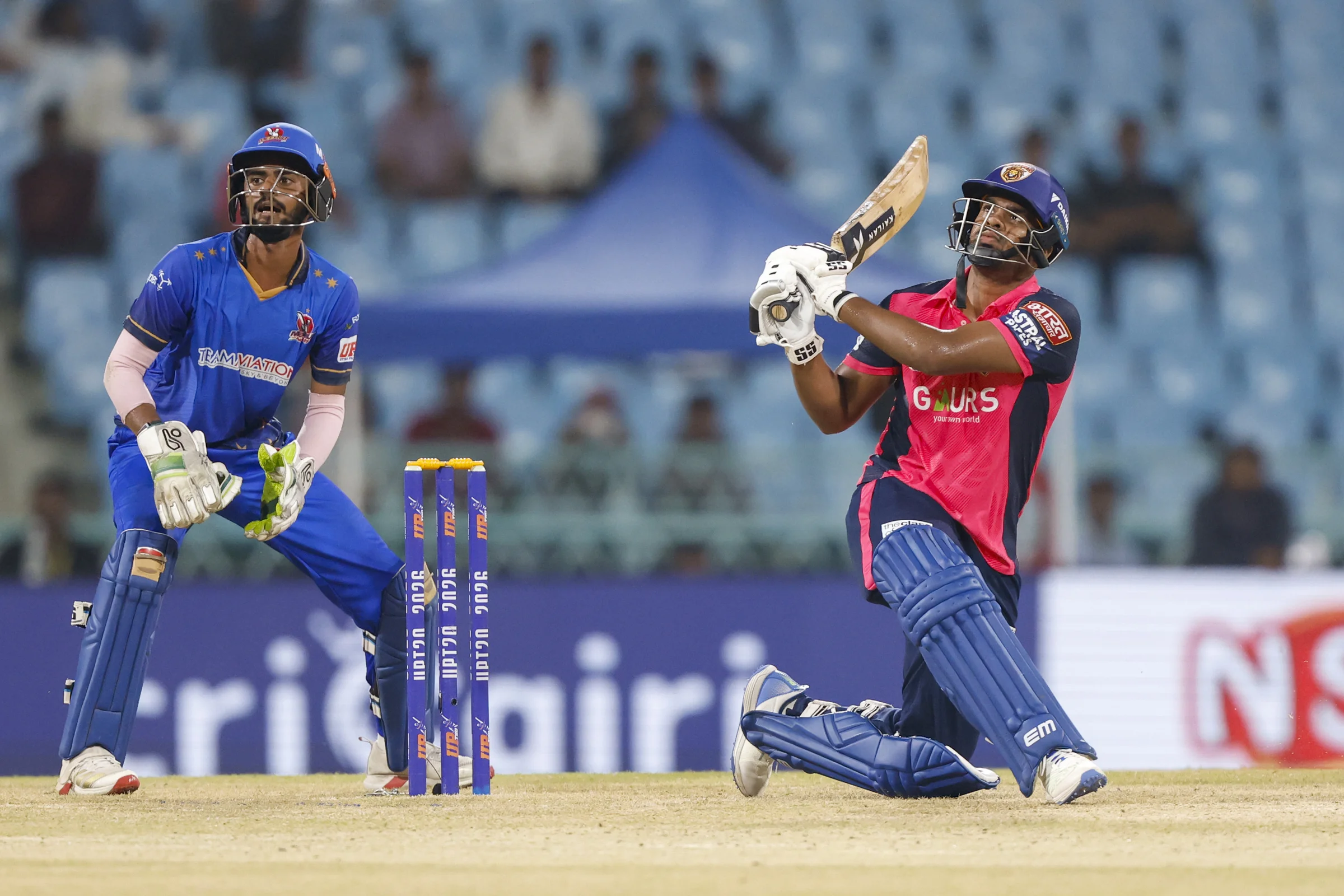 Siddharth Yadav of Gaur Gorakhpur Lions play a shot during the UPT20 League Season 4 night clash on 16 August 2026 at Bharat Ratna Shri Atal Bihari Vajpayee Ekana Cricket Stadium, Lucknow, Uttar Pradesh, India, Gaur Gorakhpur Lions take on defending champions Meerut Mavericks in Match 5 under lights as Purvanchal’s pride meets Meerut’s grit in a high‑intensity T20 battle.Photos by:Arjun Singh / aceimages.in for UPT20
