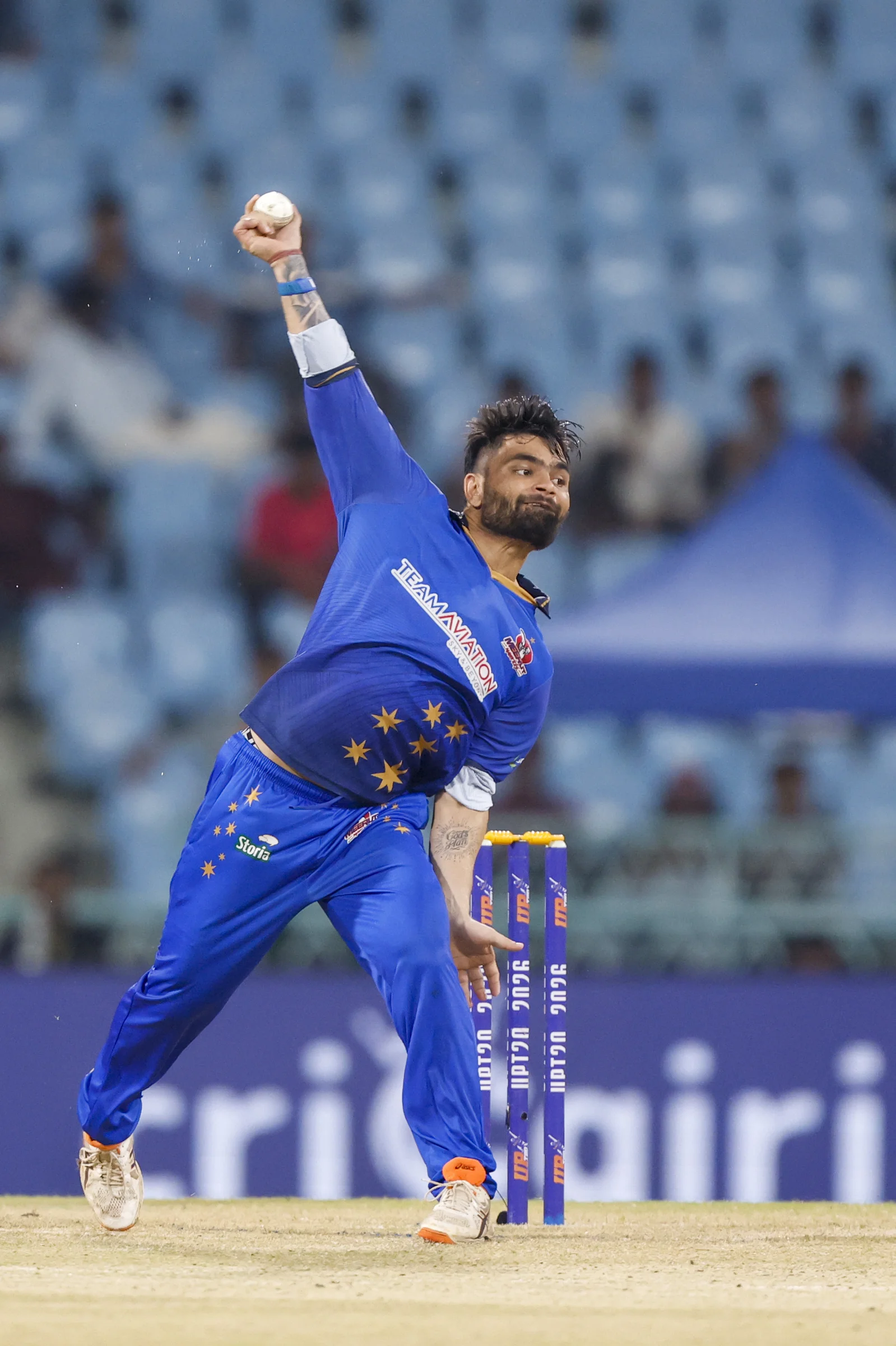 Rinku Singh of Meerut Mavericks dliver ball during the UPT20 League Season 4 night clash on 16 August 2026 at Bharat Ratna Shri Atal Bihari Vajpayee Ekana Cricket Stadium, Lucknow, Uttar Pradesh, India, Gaur Gorakhpur Lions take on defending champions Meerut Mavericks in Match 5 under lights as Purvanchal’s pride meets Meerut’s grit in a high‑intensity T20 battle.Photos by:Arjun Singh / aceimages.in for UPT20