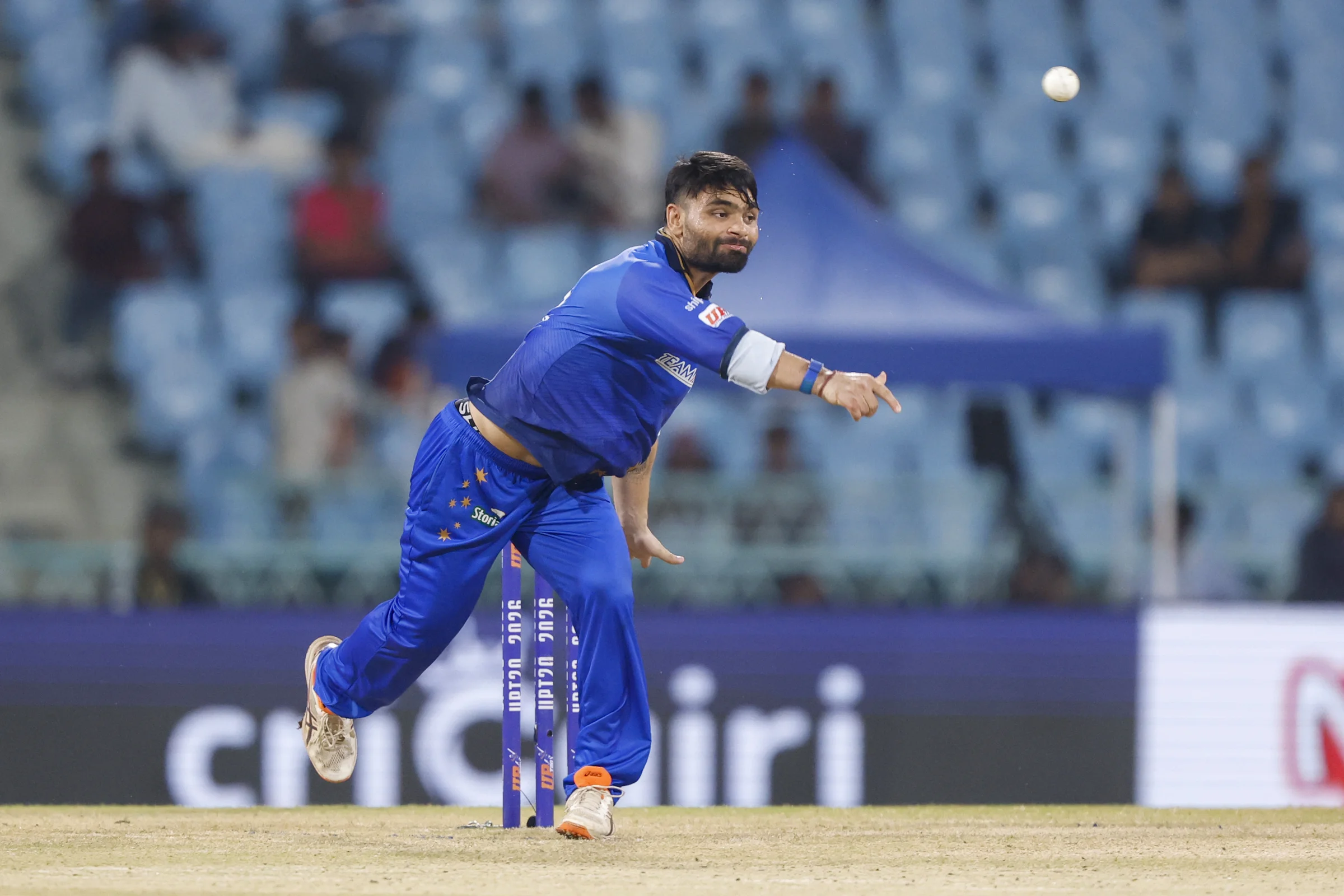 Rinku Singh of Meerut Mavericks dliver ball during the UPT20 League Season 4 night clash on 16 August 2026 at Bharat Ratna Shri Atal Bihari Vajpayee Ekana Cricket Stadium, Lucknow, Uttar Pradesh, India, Gaur Gorakhpur Lions take on defending champions Meerut Mavericks in Match 5 under lights as Purvanchal’s pride meets Meerut’s grit in a high‑intensity T20 battle.Photos by:Arjun Singh / aceimages.in for UPT20