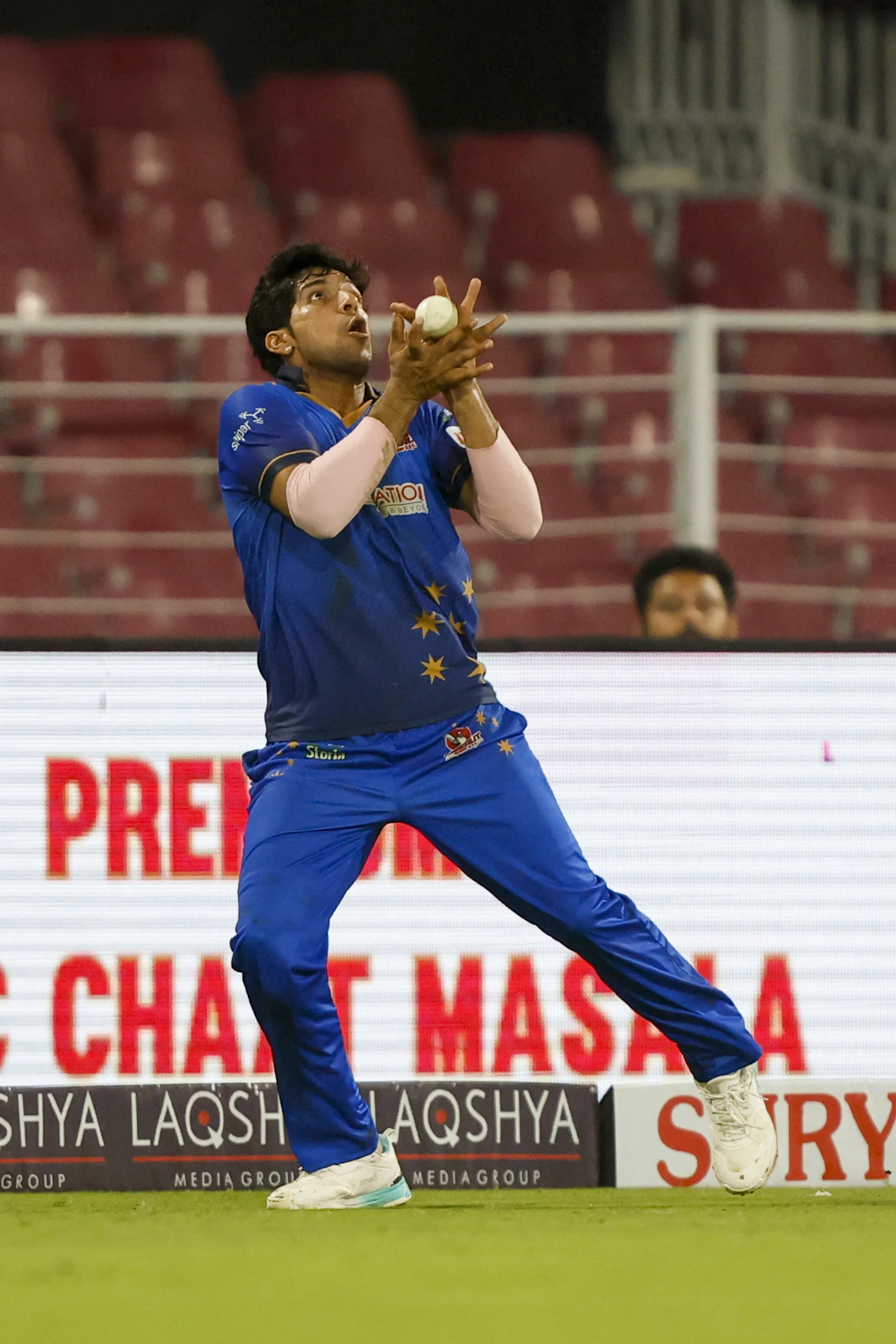 Aarush Goel of Meerut Mavericks takes the catch to dismiss Siddharth Yadav of Gaur Gorakhpur Lions during the UPT20 League Season 4 night clash on 16 August 2026 at Bharat Ratna Shri Atal Bihari Vajpayee Ekana Cricket Stadium, Lucknow, Uttar Pradesh, India, Gaur Gorakhpur Lions take on defending champions Meerut Mavericks in Match 5 under lights as Purvanchal’s pride meets Meerut’s grit in a high‑intensity T20 battle.Photos by:Arjun Singh / aceimages.in for UPT20