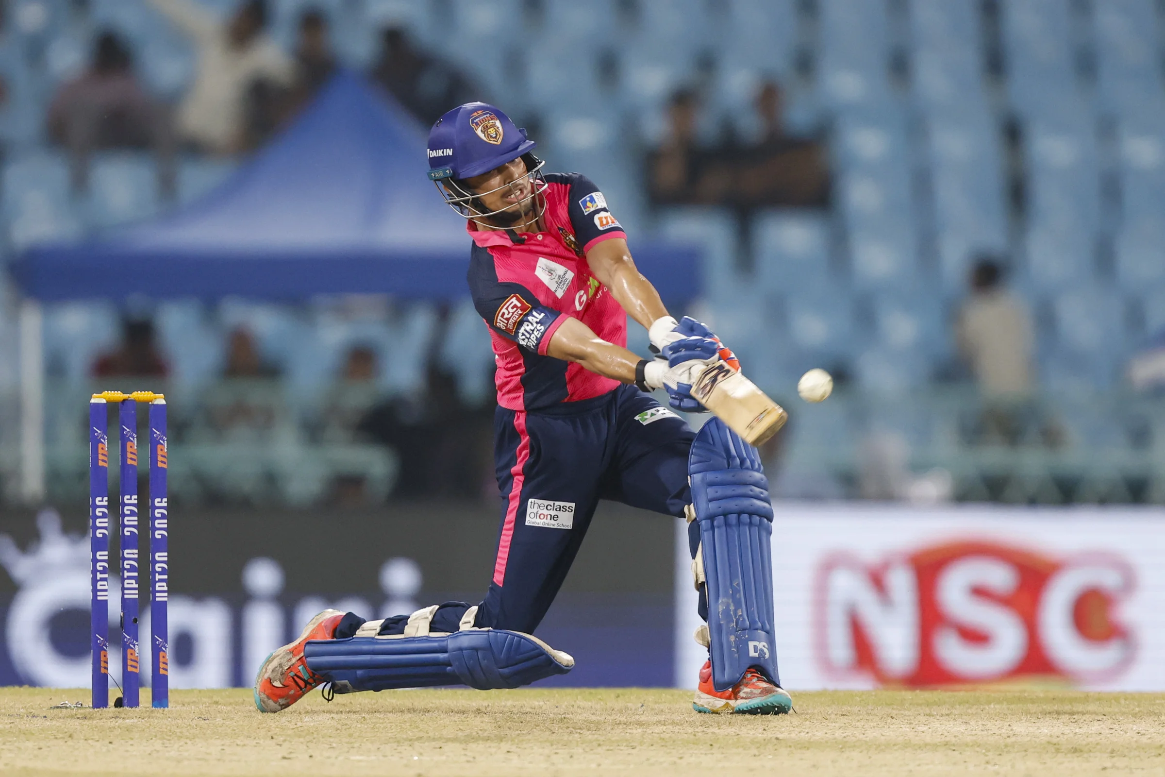 Shivam Sharma of Gaur Gorakhpur Lions play a shot during the UPT20 League Season 4 night clash on 16 August 2026 at Bharat Ratna Shri Atal Bihari Vajpayee Ekana Cricket Stadium, Lucknow, Uttar Pradesh, India, Gaur Gorakhpur Lions take on defending champions Meerut Mavericks in Match 5 under lights as Purvanchal’s pride meets Meerut’s grit in a high‑intensity T20 battle.Photos by:Arjun Singh / aceimages.in for UPT20