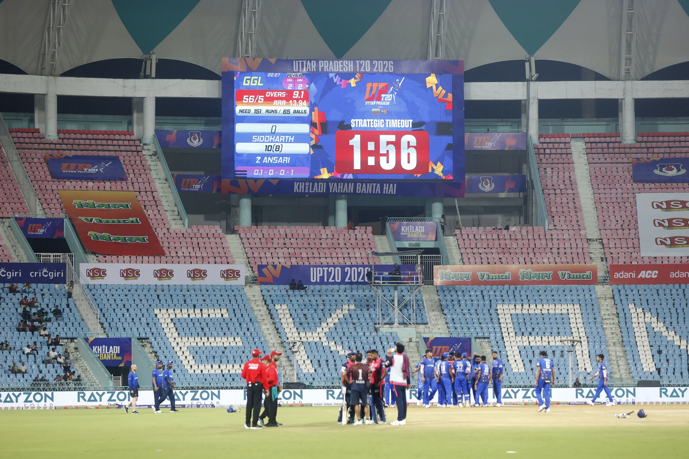 Strategic timeout on big screen during the UPT20 League Season 4 night clash on 16 August 2026 at Bharat Ratna Shri Atal Bihari Vajpayee Ekana Cricket Stadium, Lucknow, Uttar Pradesh, India, Gaur Gorakhpur Lions take on defending champions Meerut Mavericks in Match 5 under lights as Purvanchal’s pride meets Meerut’s grit in a high‑intensity T20 battle.Photos by: Tamal Das / aceimages.in for UPT20