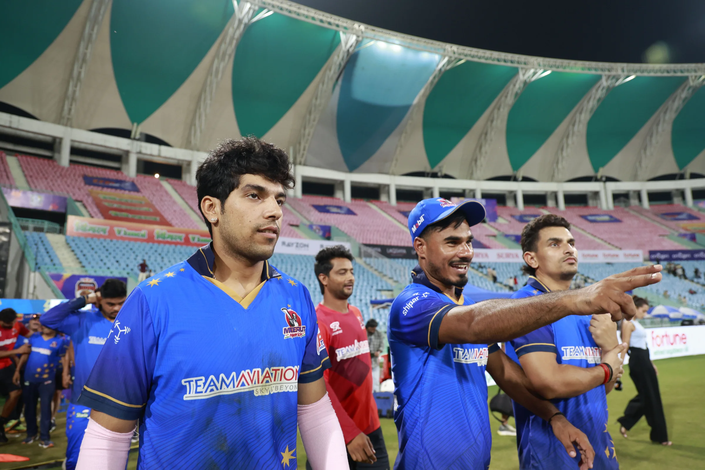 Meerut Mavericks celebrating win during the UPT20 League Season 4 night clash on 16 August 2026 at Bharat Ratna Shri Atal Bihari Vajpayee Ekana Cricket Stadium, Lucknow, Uttar Pradesh, India, Gaur Gorakhpur Lions take on defending champions Meerut Mavericks in Match 5 under lights as Purvanchal’s pride meets Meerut’s grit in a high‑intensity T20 battle.Photos by: Tamal Das / aceimages.in for UPT20