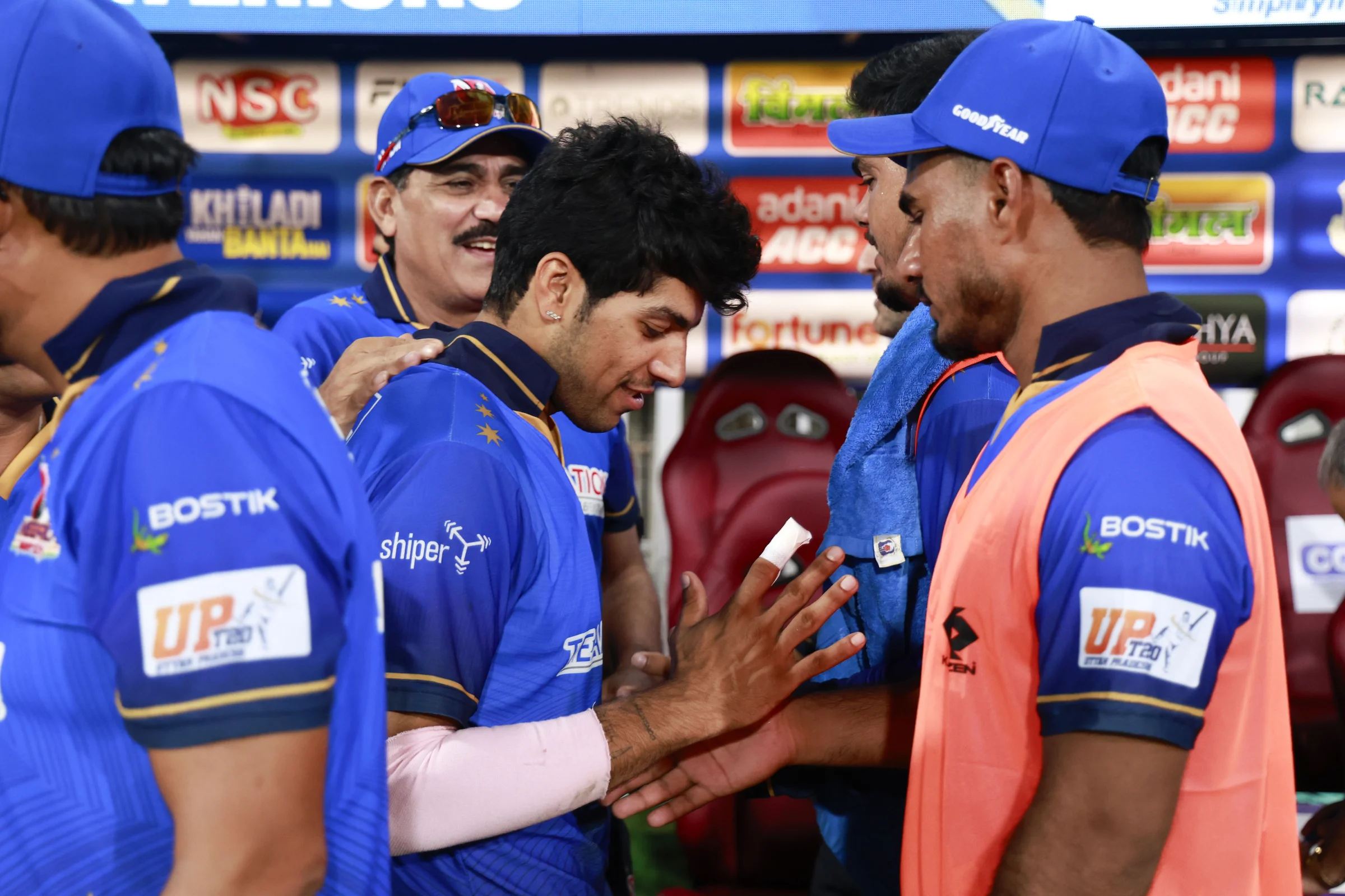 Swastik Chikara of Meerut Mavericks celebrating win during the UPT20 League Season 4 night clash on 16 August 2026 at Bharat Ratna Shri Atal Bihari Vajpayee Ekana Cricket Stadium, Lucknow, Uttar Pradesh, India, Gaur Gorakhpur Lions take on defending champions Meerut Mavericks in Match 5 under lights as Purvanchal’s pride meets Meerut’s grit in a high‑intensity T20 battle.Photos by: Tamal Das / aceimages.in for UPT20