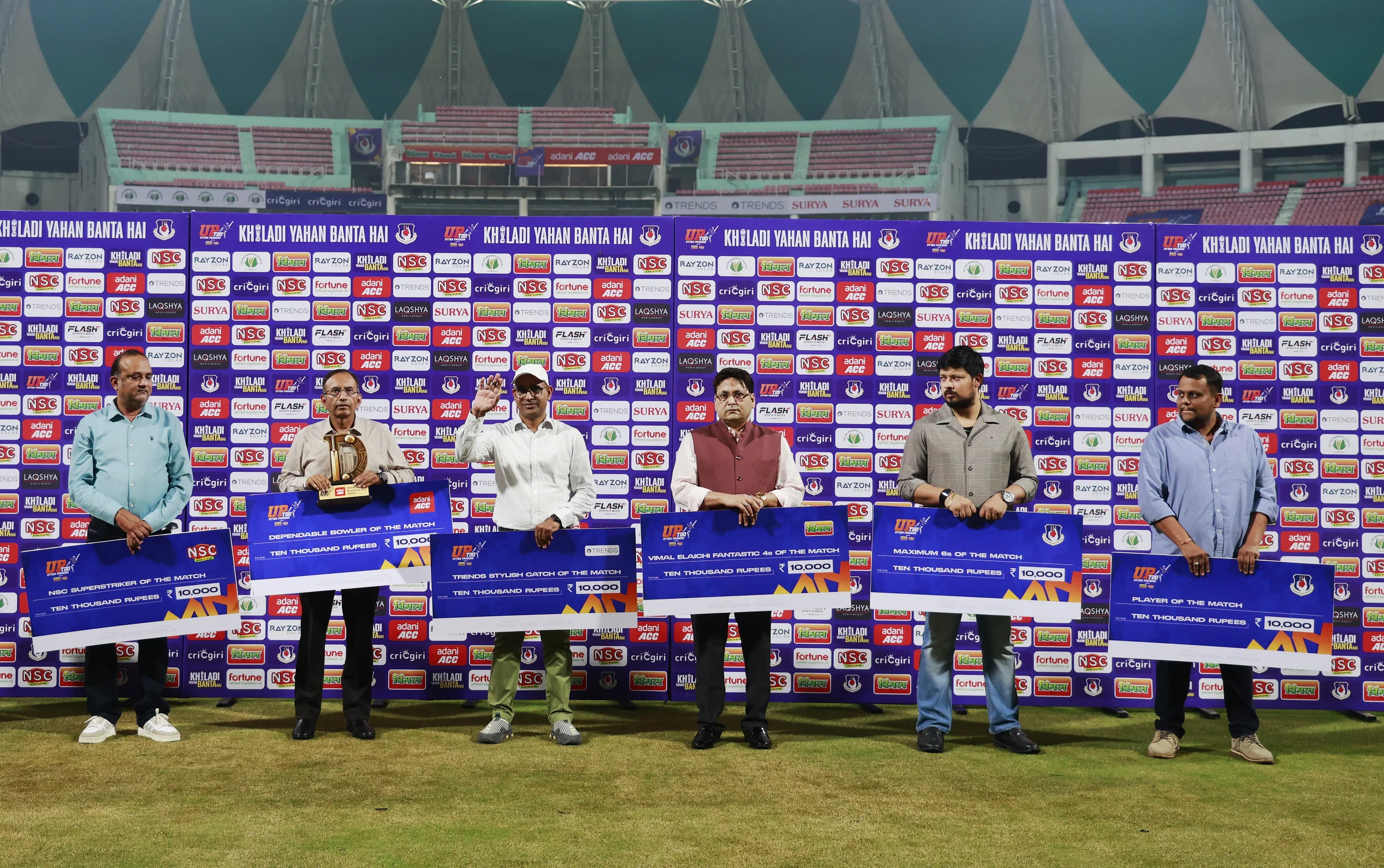 Presentation Party during the UPT20 League Season 4 night clash on 16 August 2026 at Bharat Ratna Shri Atal Bihari Vajpayee Ekana Cricket Stadium, Lucknow, Uttar Pradesh, India, Gaur Gorakhpur Lions take on defending champions Meerut Mavericks in Match 5 under lights as Purvanchal’s pride meets Meerut’s grit in a high‑intensity T20 battle.Photos by: s Saikat Das / aceimages.in for UPT20