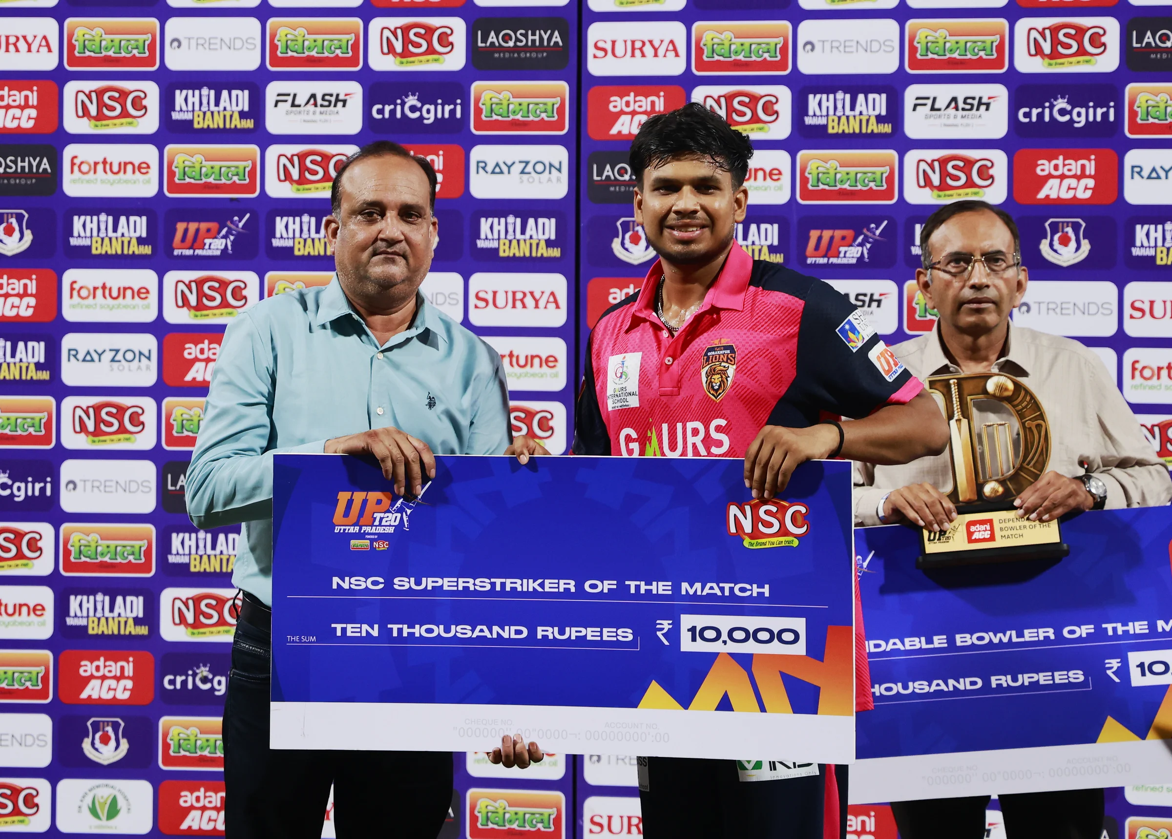 Nishant Thakur of Gaur Gorakhpur Lions receiving NSC Super Striker of the Match award during the UPT20 League Season 4 night clash on 16 August 2026 at Bharat Ratna Shri Atal Bihari Vajpayee Ekana Cricket Stadium, Lucknow, Uttar Pradesh, India, Gaur Gorakhpur Lions take on defending champions Meerut Mavericks in Match 5 under lights as Purvanchal’s pride meets Meerut’s grit in a high‑intensity T20 battle.Photos by: s Saikat Das / aceimages.in for UPT20