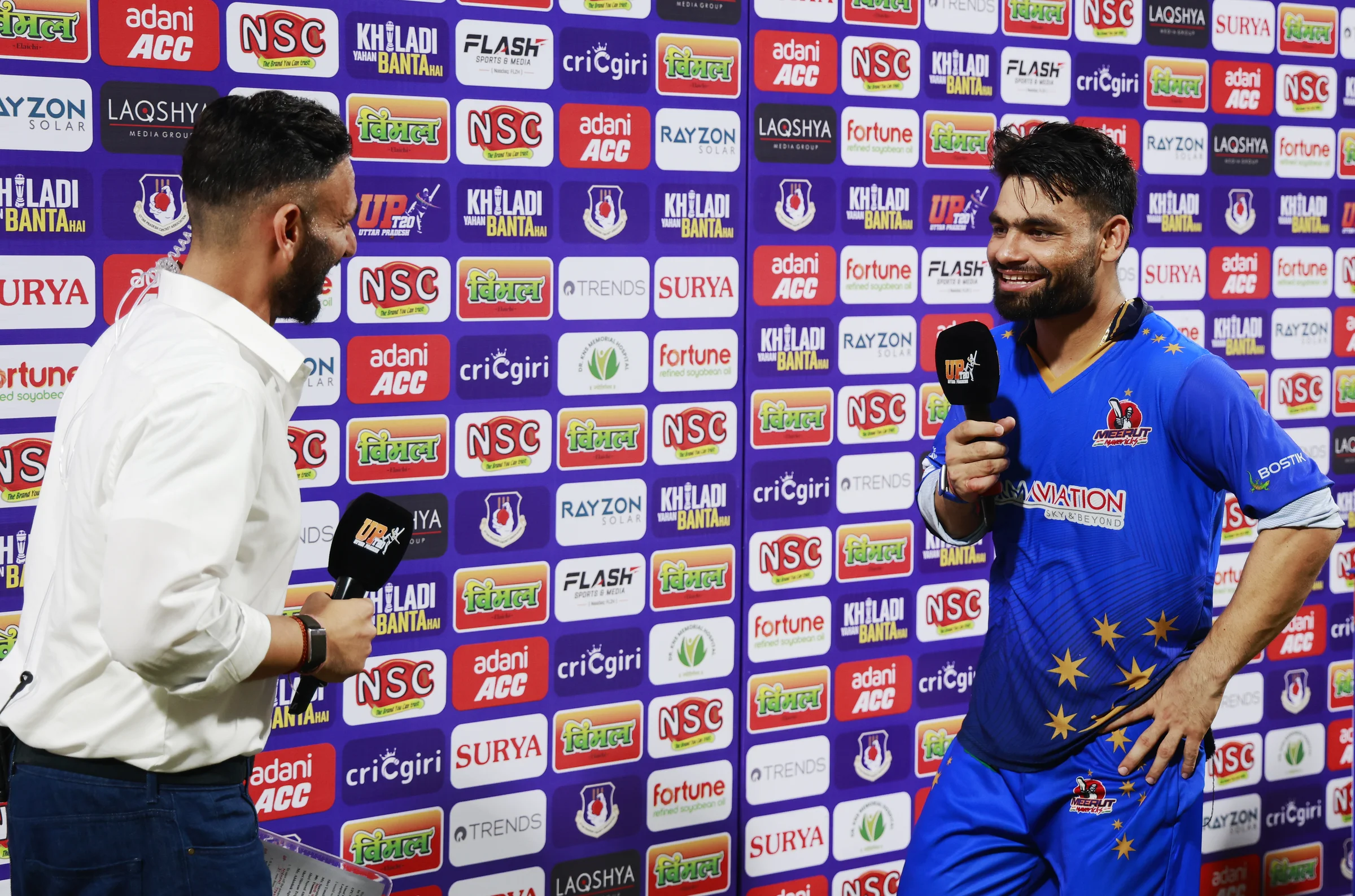 Rinku Singh of Meerut Mavericks at tv interview during the UPT20 League Season 4 night clash on 16 August 2026 at Bharat Ratna Shri Atal Bihari Vajpayee Ekana Cricket Stadium, Lucknow, Uttar Pradesh, India, Gaur Gorakhpur Lions take on defending champions Meerut Mavericks in Match 5 under lights as Purvanchal’s pride meets Meerut’s grit in a high‑intensity T20 battle.Photos by: s Saikat Das / aceimages.in for UPT20