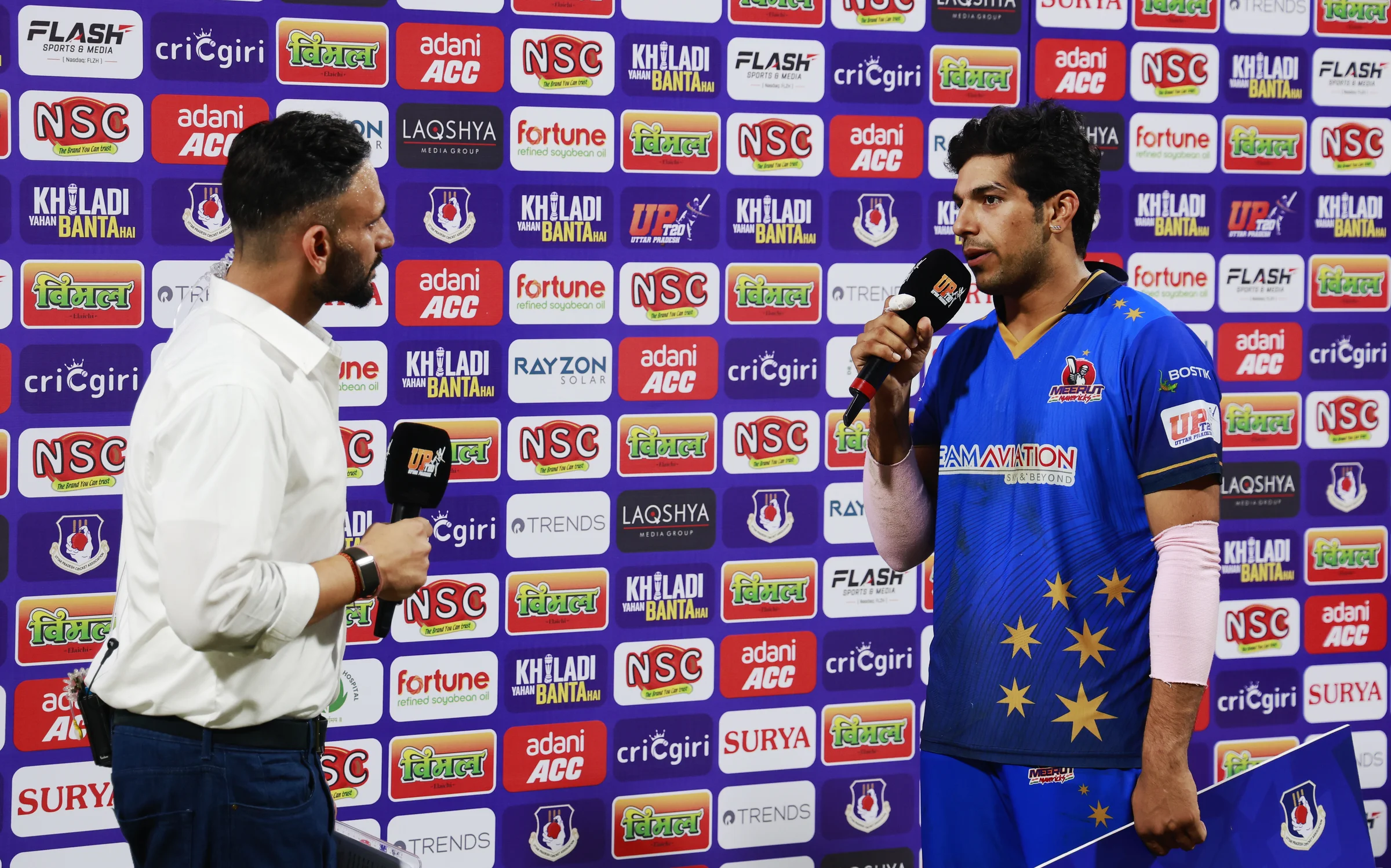 Swastik Chikara of Meerut Mavericks at tv interview during the UPT20 League Season 4 night clash on 16 August 2026 at Bharat Ratna Shri Atal Bihari Vajpayee Ekana Cricket Stadium, Lucknow, Uttar Pradesh, India, Gaur Gorakhpur Lions take on defending champions Meerut Mavericks in Match 5 under lights as Purvanchal’s pride meets Meerut’s grit in a high‑intensity T20 battle.Photos by: s Saikat Das / aceimages.in for UPT20