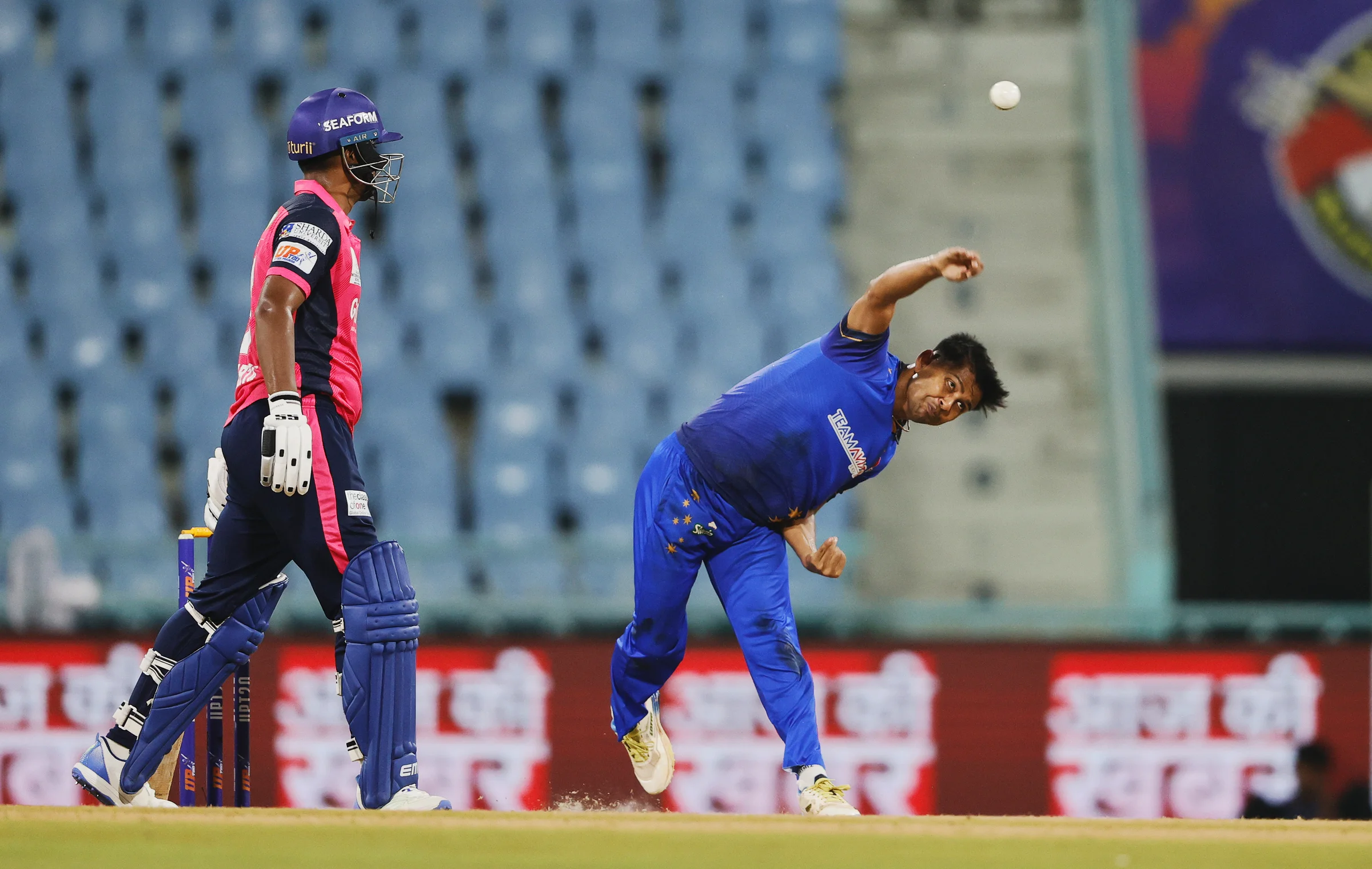 Zeeshan Ansari of Meerut Mavericks bowling during the UPT20 League Season 4 night clash on 16 August 2026 at Bharat Ratna Shri Atal Bihari Vajpayee Ekana Cricket Stadium, Lucknow, Uttar Pradesh, India, Gaur Gorakhpur Lions take on defending champions Meerut Mavericks in Match 5 under lights as Purvanchal’s pride meets Meerut’s grit in a high‑intensity T20 battle.Photos by: s Saikat Das / aceimages.in for UPT20
