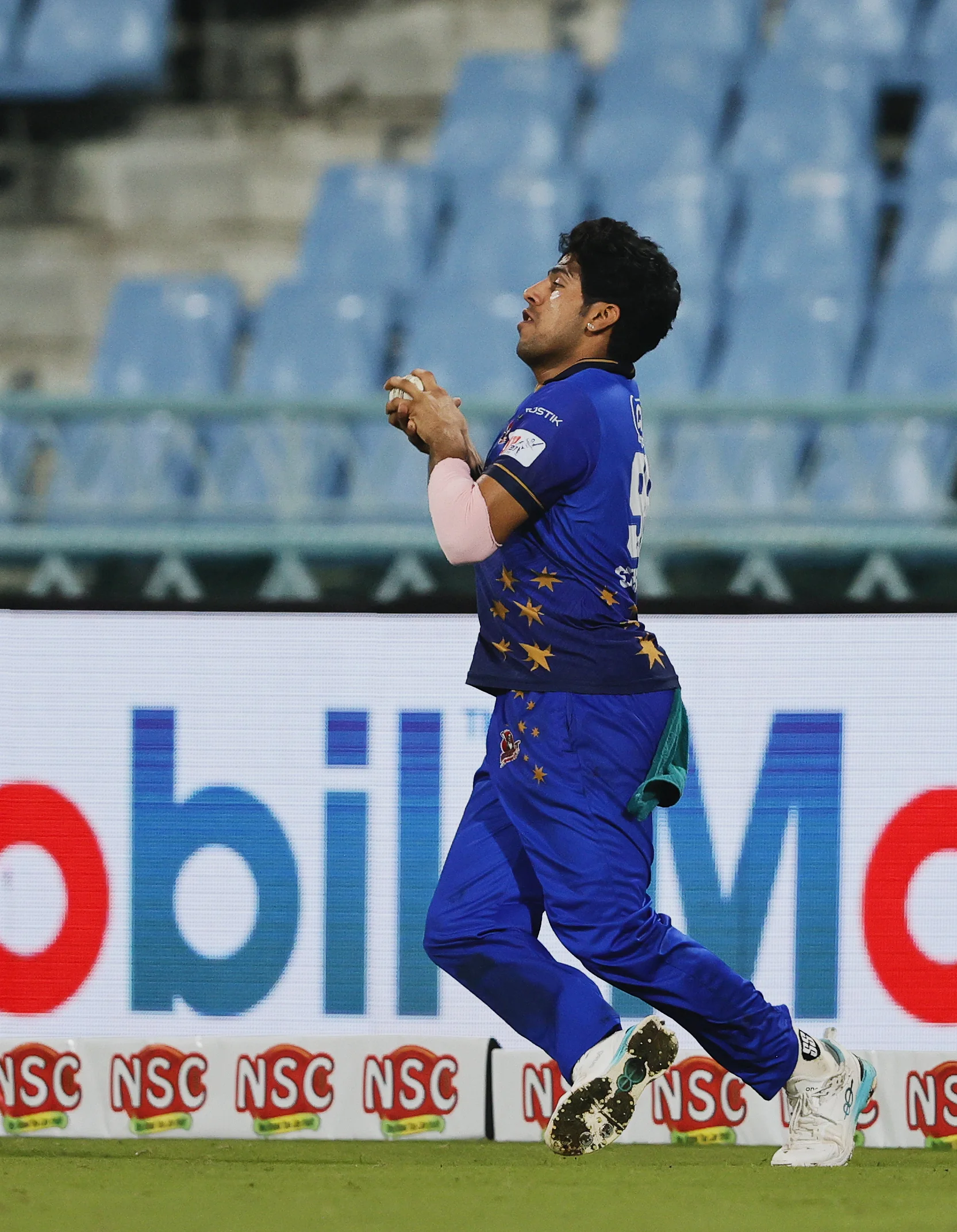 Swastik Chikara of Meerut Mavericks taking a catch during the UPT20 League Season 4 night clash on 16 August 2026 at Bharat Ratna Shri Atal Bihari Vajpayee Ekana Cricket Stadium, Lucknow, Uttar Pradesh, India, Gaur Gorakhpur Lions take on defending champions Meerut Mavericks in Match 5 under lights as Purvanchal’s pride meets Meerut’s grit in a high‑intensity T20 battle.Photos by: s Saikat Das / aceimages.in for UPT20