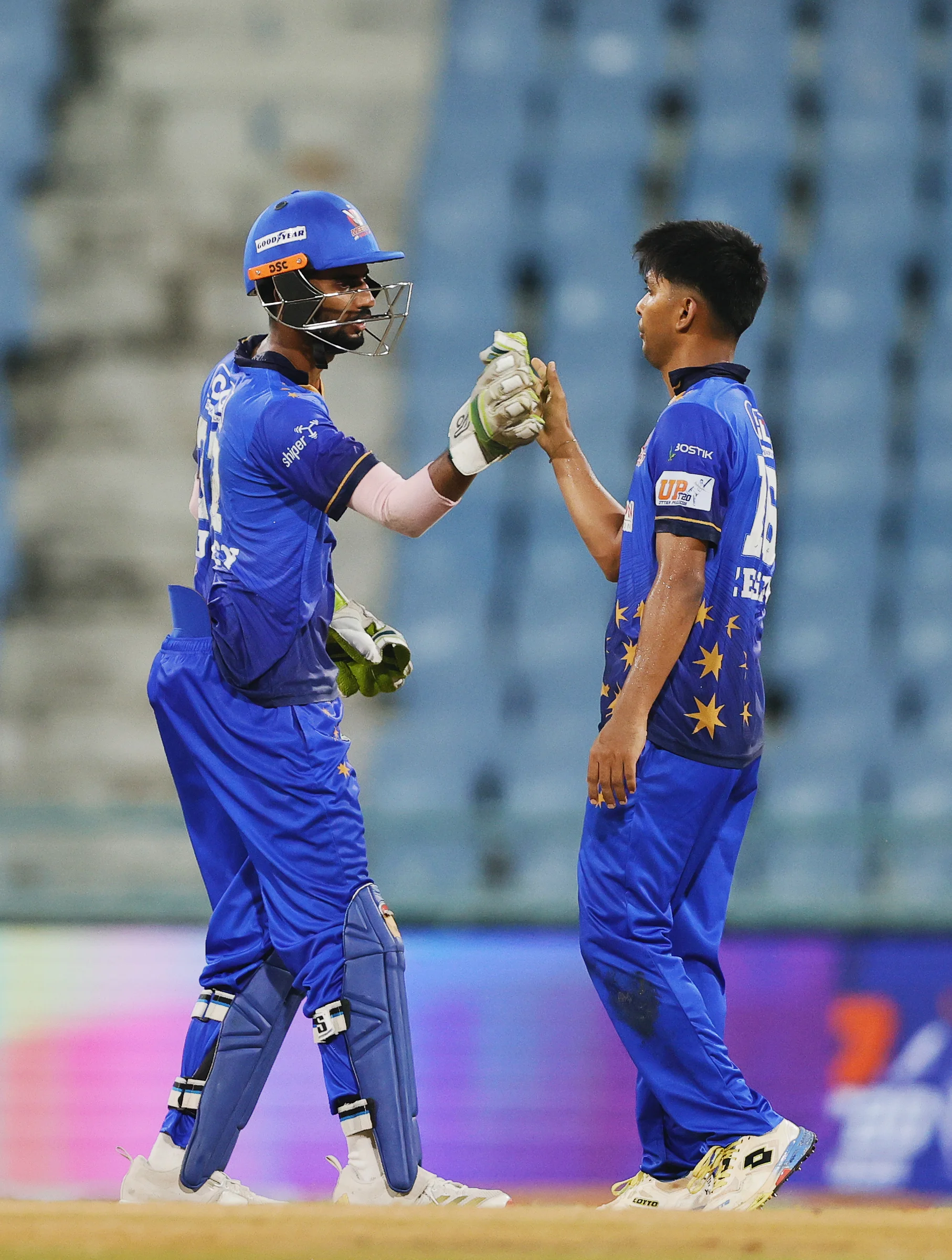 Zeeshan Ansari of Meerut Mavericks celebrating the wicket during the UPT20 League Season 4 night clash on 16 August 2026 at Bharat Ratna Shri Atal Bihari Vajpayee Ekana Cricket Stadium, Lucknow, Uttar Pradesh, India, Gaur Gorakhpur Lions take on defending champions Meerut Mavericks in Match 5 under lights as Purvanchal’s pride meets Meerut’s grit in a high‑intensity T20 battle.Photos by: s Saikat Das / aceimages.in for UPT20