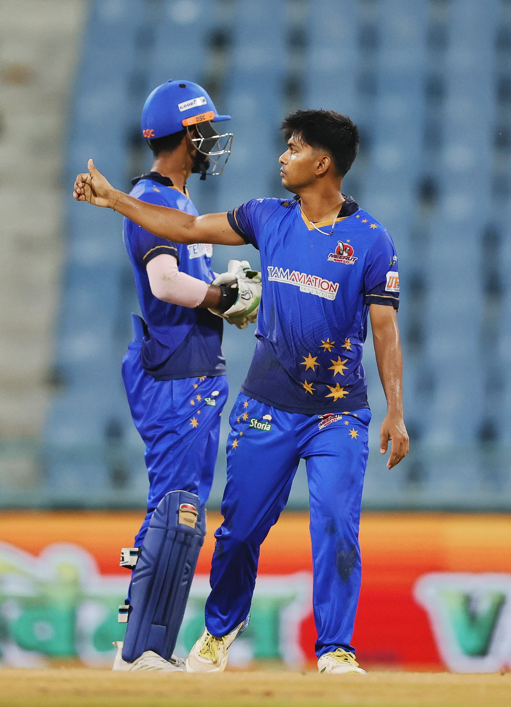 Zeeshan Ansari of Meerut Mavericks celebrating the wicket during the UPT20 League Season 4 night clash on 16 August 2026 at Bharat Ratna Shri Atal Bihari Vajpayee Ekana Cricket Stadium, Lucknow, Uttar Pradesh, India, Gaur Gorakhpur Lions take on defending champions Meerut Mavericks in Match 5 under lights as Purvanchal’s pride meets Meerut’s grit in a high‑intensity T20 battle.Photos by: s Saikat Das / aceimages.in for UPT20