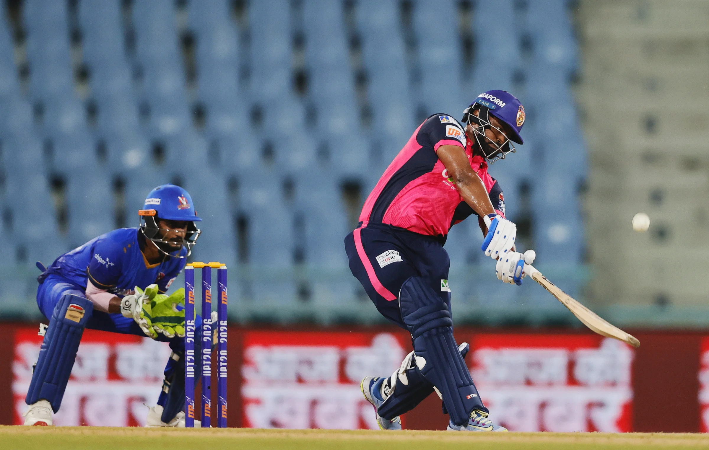 Nishant Kushwaha of Gaur Gorakhpur Lions hitting a over boundary during the UPT20 League Season 4 night clash on 16 August 2026 at Bharat Ratna Shri Atal Bihari Vajpayee Ekana Cricket Stadium, Lucknow, Uttar Pradesh, India, Gaur Gorakhpur Lions take on defending champions Meerut Mavericks in Match 5 under lights as Purvanchal’s pride meets Meerut’s grit in a high‑intensity T20 battle.Photos by: s Saikat Das / aceimages.in for UPT20