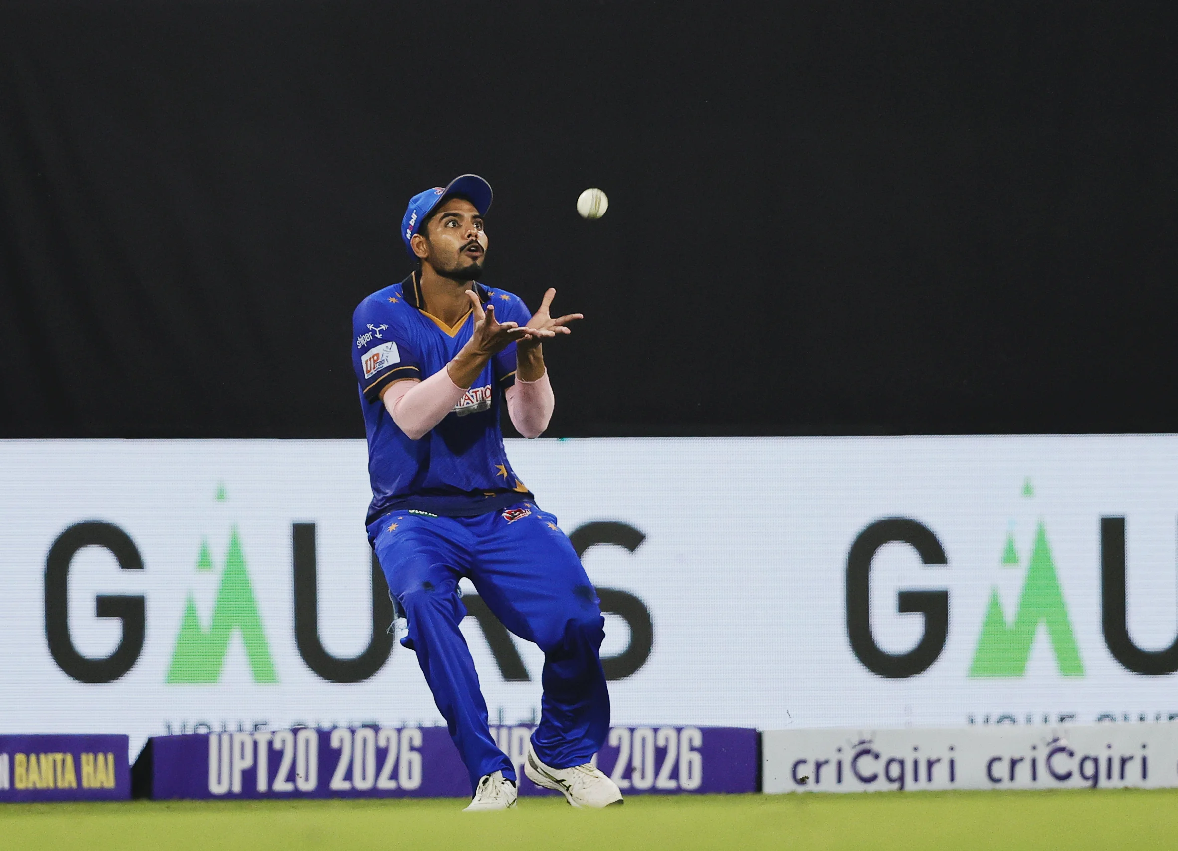 Rituraj Sharma of Meerut Mavericks taking a catch during the UPT20 League Season 4 night clash on 16 August 2026 at Bharat Ratna Shri Atal Bihari Vajpayee Ekana Cricket Stadium, Lucknow, Uttar Pradesh, India, Gaur Gorakhpur Lions take on defending champions Meerut Mavericks in Match 5 under lights as Purvanchal’s pride meets Meerut’s grit in a high‑intensity T20 battle.Photos by: s Saikat Das / aceimages.in for UPT20