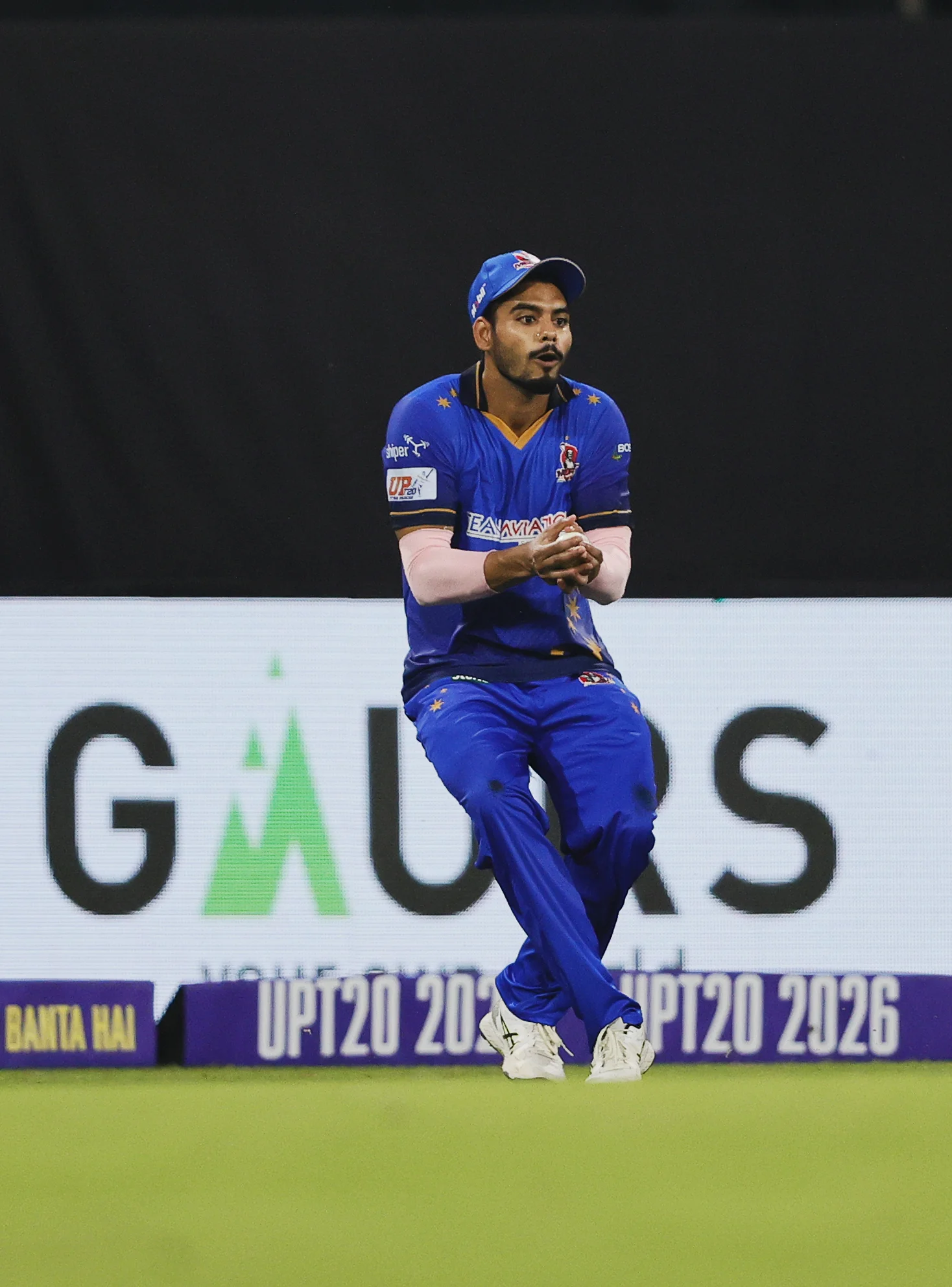 Rituraj Sharma of Meerut Mavericks taking a catch during the UPT20 League Season 4 night clash on 16 August 2026 at Bharat Ratna Shri Atal Bihari Vajpayee Ekana Cricket Stadium, Lucknow, Uttar Pradesh, India, Gaur Gorakhpur Lions take on defending champions Meerut Mavericks in Match 5 under lights as Purvanchal’s pride meets Meerut’s grit in a high‑intensity T20 battle.Photos by: s Saikat Das / aceimages.in for UPT20